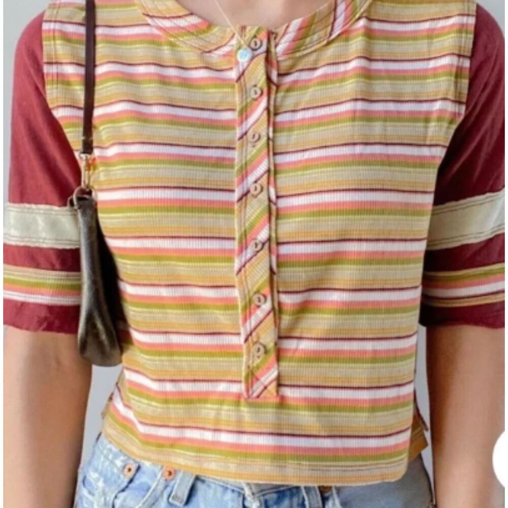 Free People We The Free Cropped Striped Henley Top Shirt